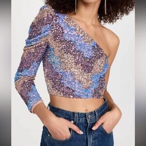 Saylor Tess One Shoulder Long Sleeve Zig Zag Sequin Top